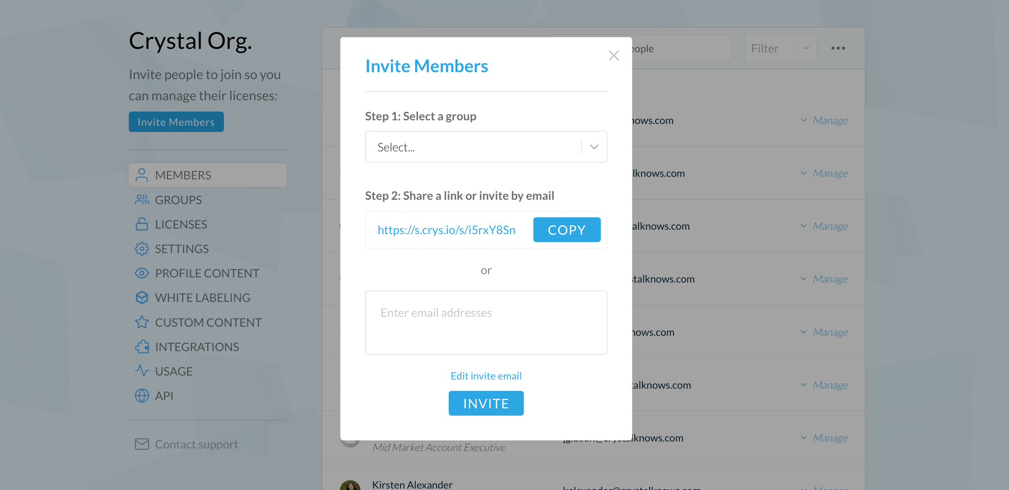 How do I invite team members and assign access licenses to my Crystal team?